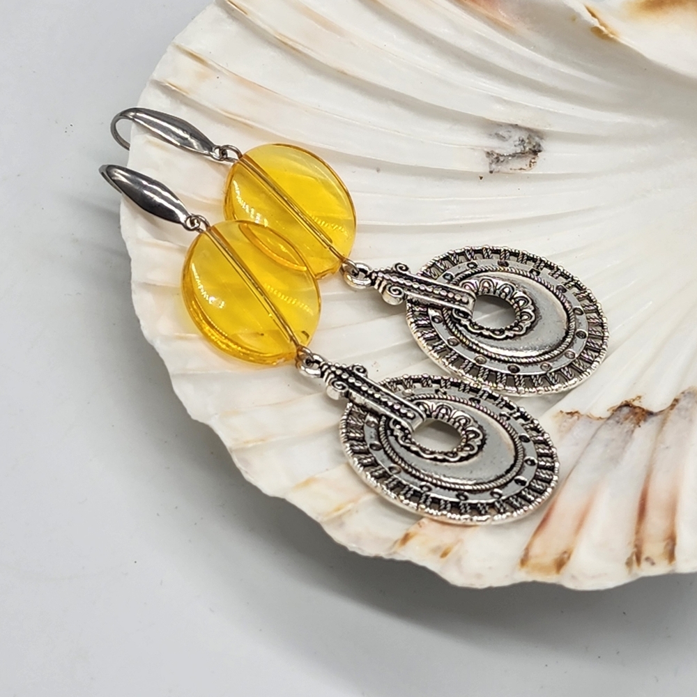 Free People Jewelry Beewax Amber Silver "Inka" Discs Dangling Earrings - Picture 8 of 13